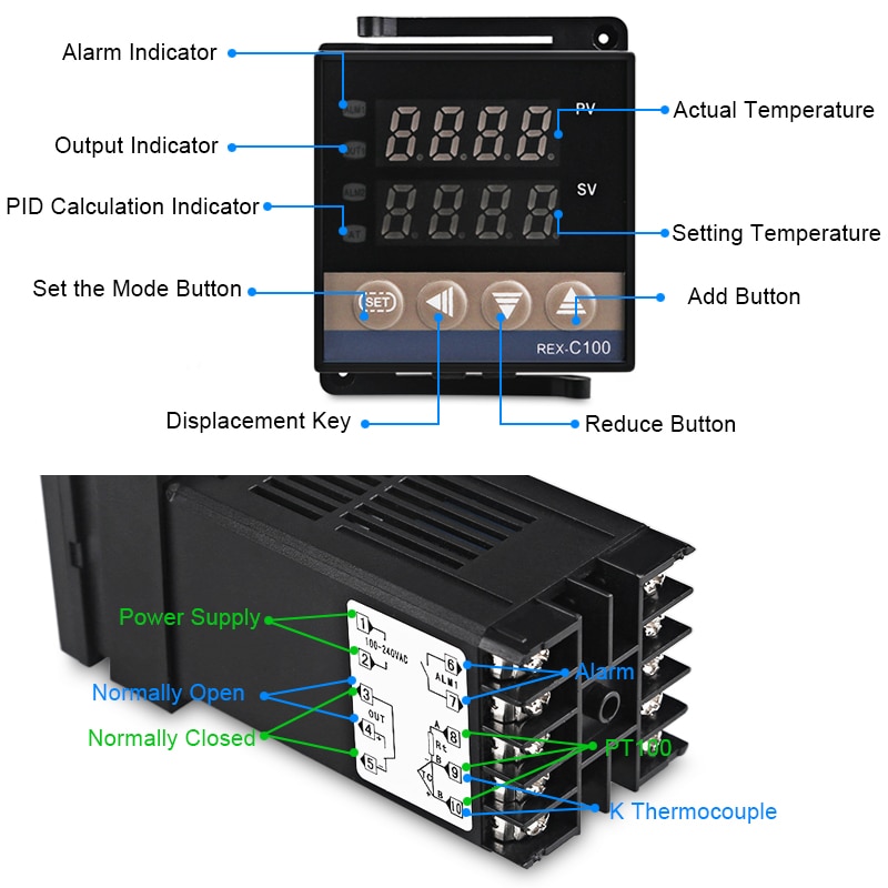 REX-C100 Digital PID Temperature Controller 220V Thermostat Regulator + 40A SSR Relay + K Thermocouple Probe Sensor