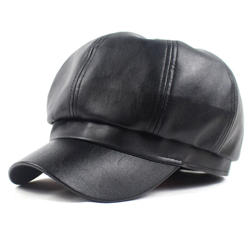Lanxxy sort læder newsboy cap vintage baret mænd efterår vinter hatte til kvinder afslappet maler kasket: Default Title