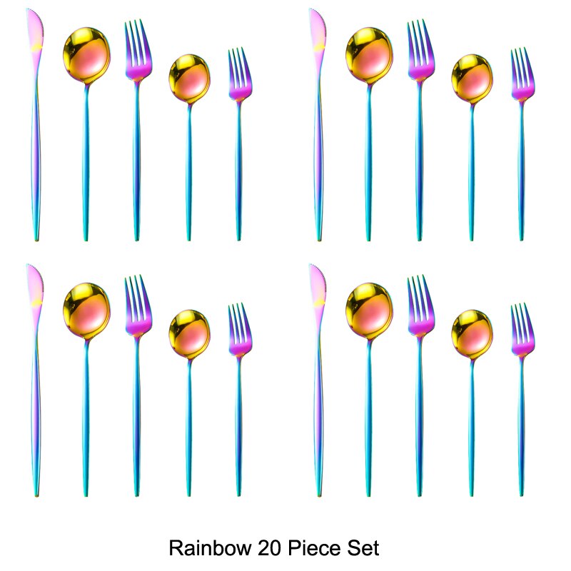 20 pièces or noir ensemble de couverts ensemble de vaisselle 18/10 acier inoxydable couteau Dessert fourchette cuillère vaisselle argenterie directe: Rainbow