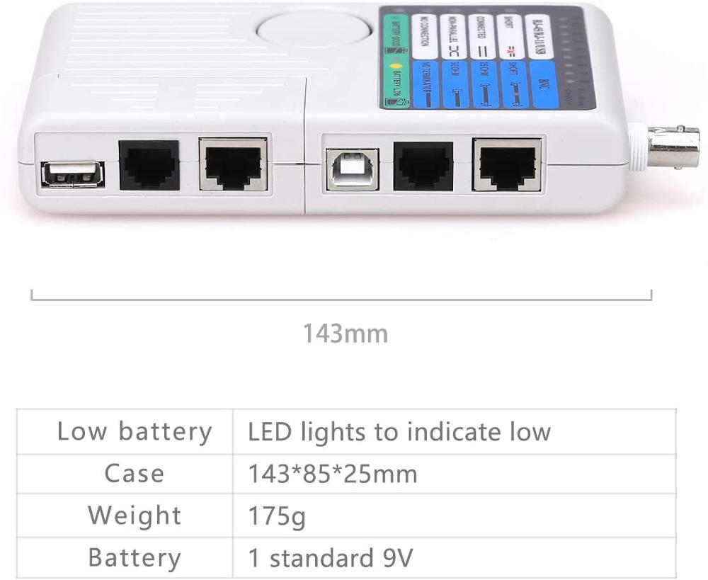 4-en-1 Tester de Cable de red remoto RJ11 RJ45 USB BNC Cable de teléfono probador del metro