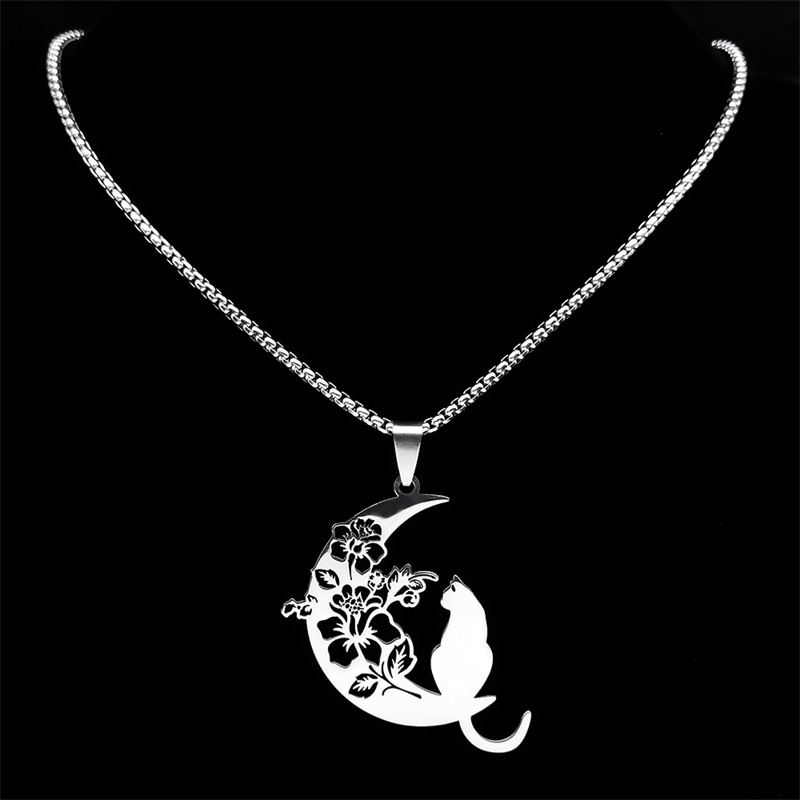 Collar estético de gato, flor, Luna y media luna para mujeres y hombres, cadena bohemia de Color plateado de acero inoxidable, collar de joyería de 3220