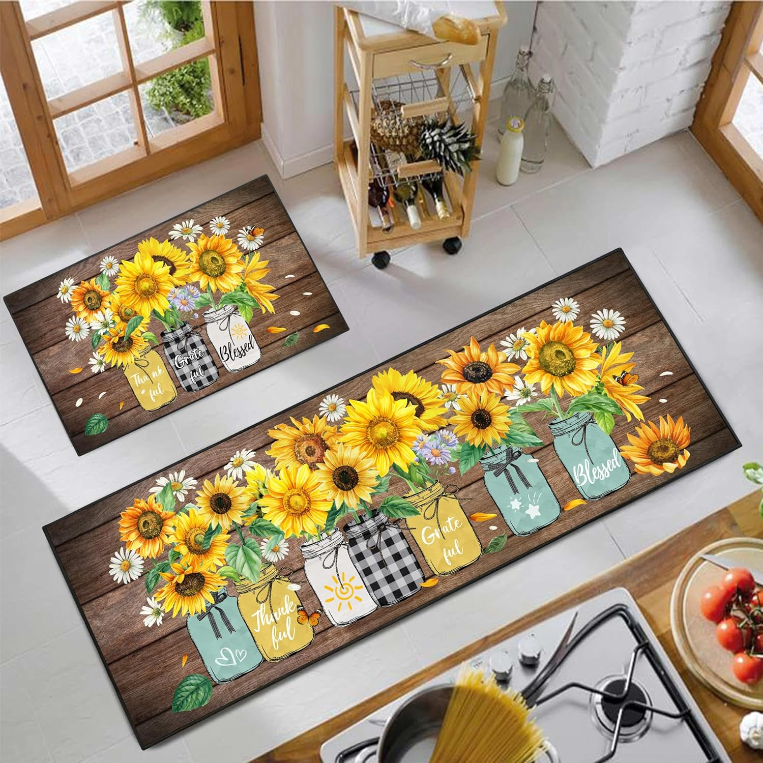 Sunflower Kitchen Rugs Farmhouse Vintage Washable Anti Fatigue Kitchen Runner Mats for Floor Decor Mat for Sink, Laundry: 1200mm x 1700mm / Red
