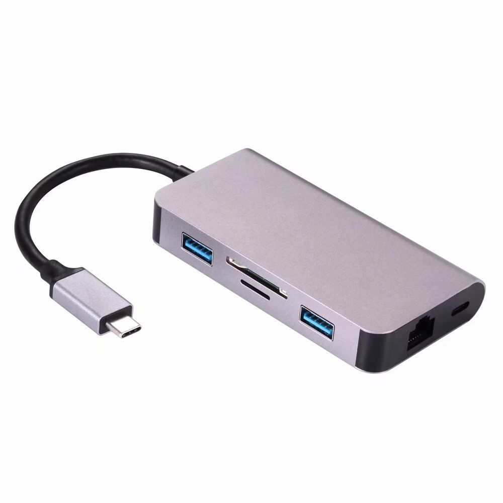 6 em RJ45 1-Tipo C Alumínio Laptop Docking Station USB C para Tipo de Leitor de Cartão USB 3.0 TF C DP Adaptador Para MacBook Docking: gray