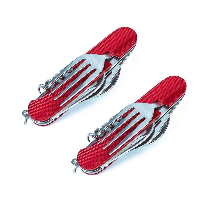 Multifunctional Foldable Pocket Stainless Steel Outdoor Camping Picnic Cutlery Knife Fork Spoon Tableware Parts: Red 2pcs