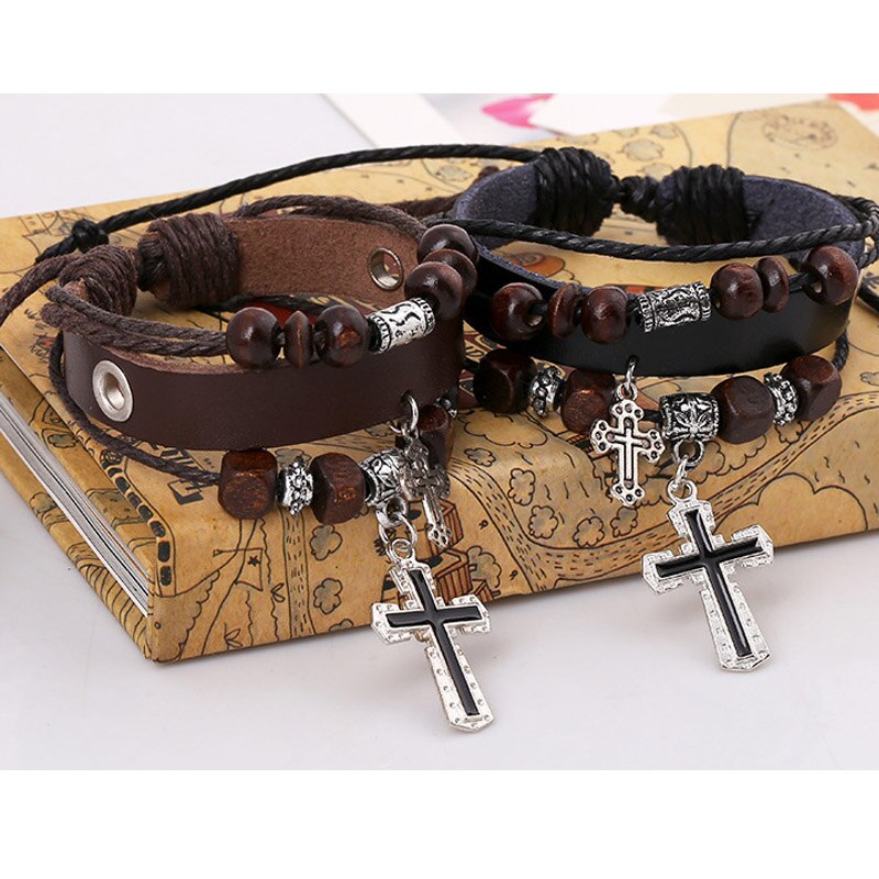 4 Layers Charm Bracelet for Women Men Leather Rope String Beads Jesus Christ Cross Jewelry 17cm Adjustable Handmade