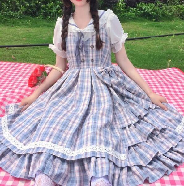 Vestido a cuadros estilo Lolita clásico para niños de 12 a 14 años, uniforme de Escuela Japonesa, ropa JK, Disfraces para: Tops and Dress / S
