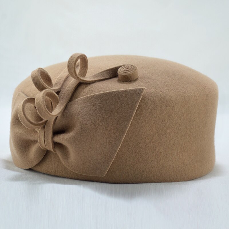 100% Wolvilt Baretten Vrouwen Party Bloem Formele Fedora Hoed Banket Grace Wollen Bunker Cap Mooie Tovenaar: Camel