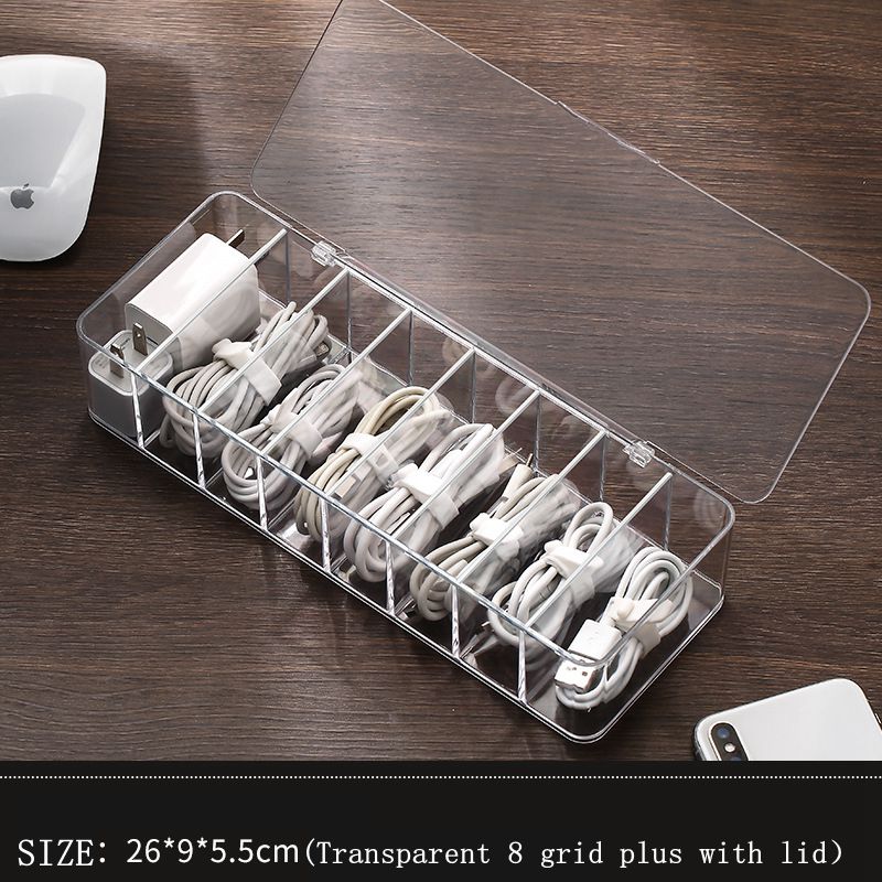 Large Acrylic Data Cable Storage Box Rectangle Desktop Plastic Data Cable Headphone Line Storage Box Dust Portable Box With Lid: 8 grid with lid