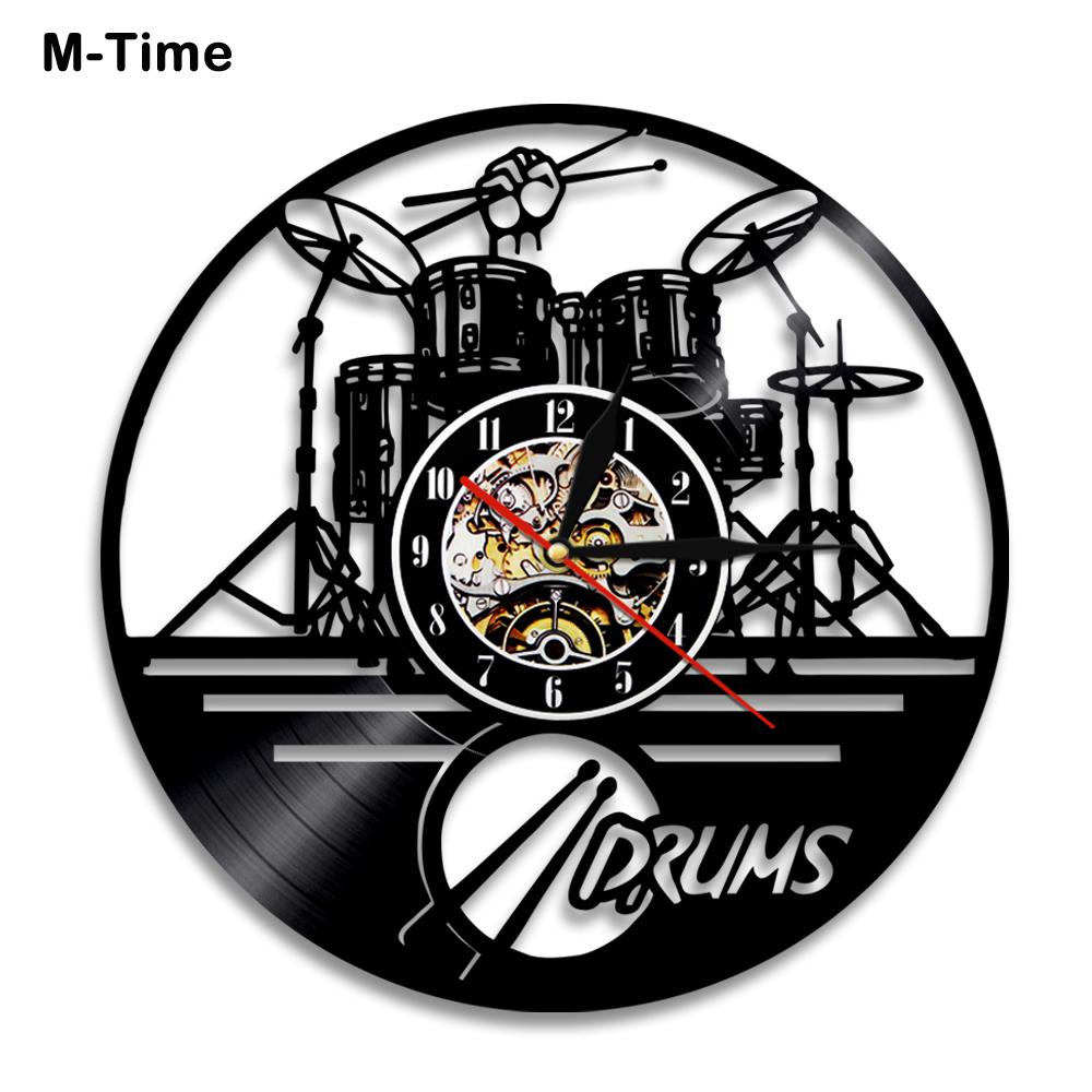 Gitaar Drums Set Silhouet Led Wandklok Backlight Muziek Vinyl Horloge Modern 3d Wandklok Horloge Band Lid Fan