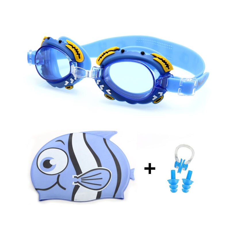 Boy Girl Swimming Goggles Children Silicone Dolphin Fish Caps Ear plug Nose Set Diving Glasses Waterproof Kids Swim Pool Eyewear: Blue Fish