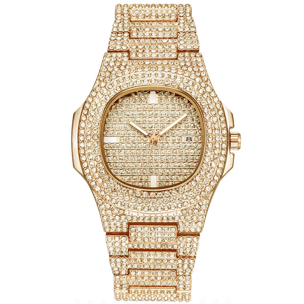 Gold Watch Men Luxury Brand Diamond Mens Watches Top Brand Luxury Iced Out Male Quartz Watch Calender Unique For Men: Gold