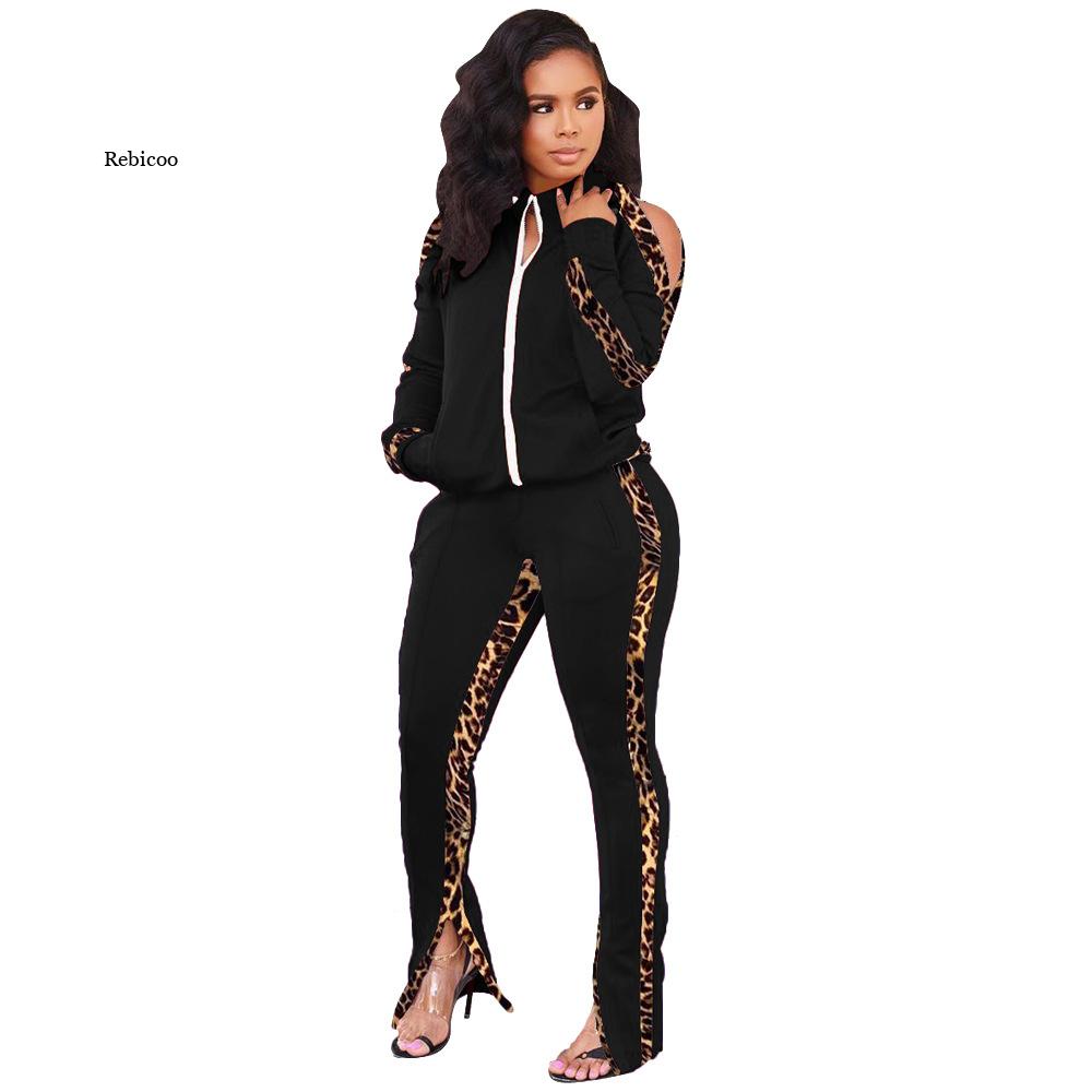 Women Suit Stand-up Collar Jacket Bundled Ankle Sports Pants Two-piece Leopard Print Ladies Suit Warm Comfortable Stitching