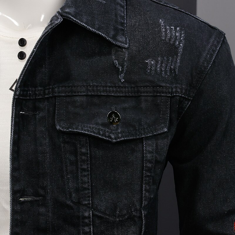 Men Casual Black Denim Jacket Streetwear Letter Embroidery Outerwear Cotton Back Ripped Pilot Coat