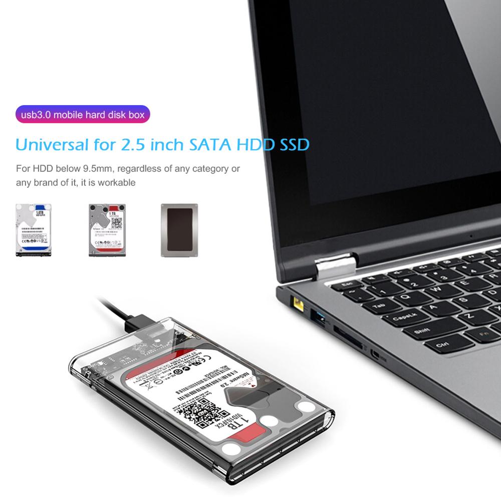 Genomskinligt 2.5 tums hårddiskfodral sata till usb 3.0 hdd ssd-hölje verktygsfritt hdd-fodral med usb-kabelficka