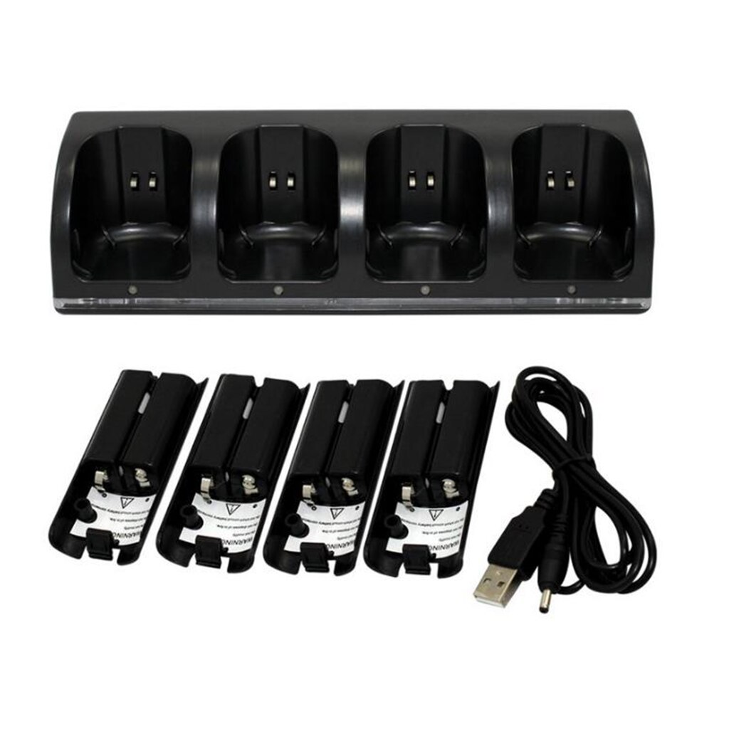 4 in 1 ladestation opladerstativ  + 4 stk 2800 mah batterier til wii controller fjernbetjening ladestation: Sort