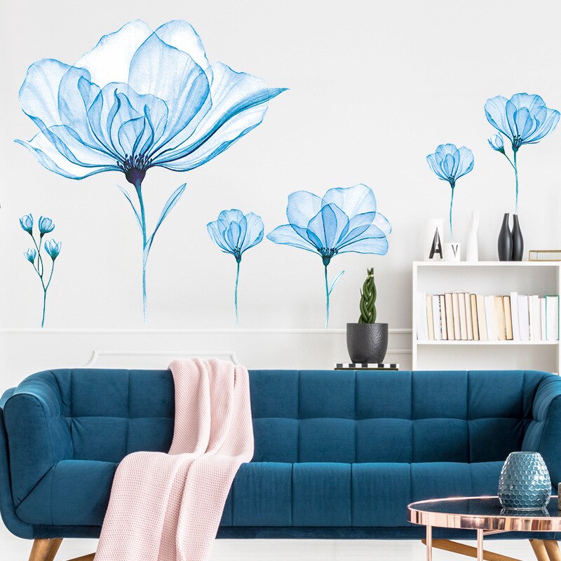 Fresh Dark Blue Flower Wall Stickers PVC Bedroom Living Room Background Decor Wallpaper Home Decor Self-adhesive Wall Stickers