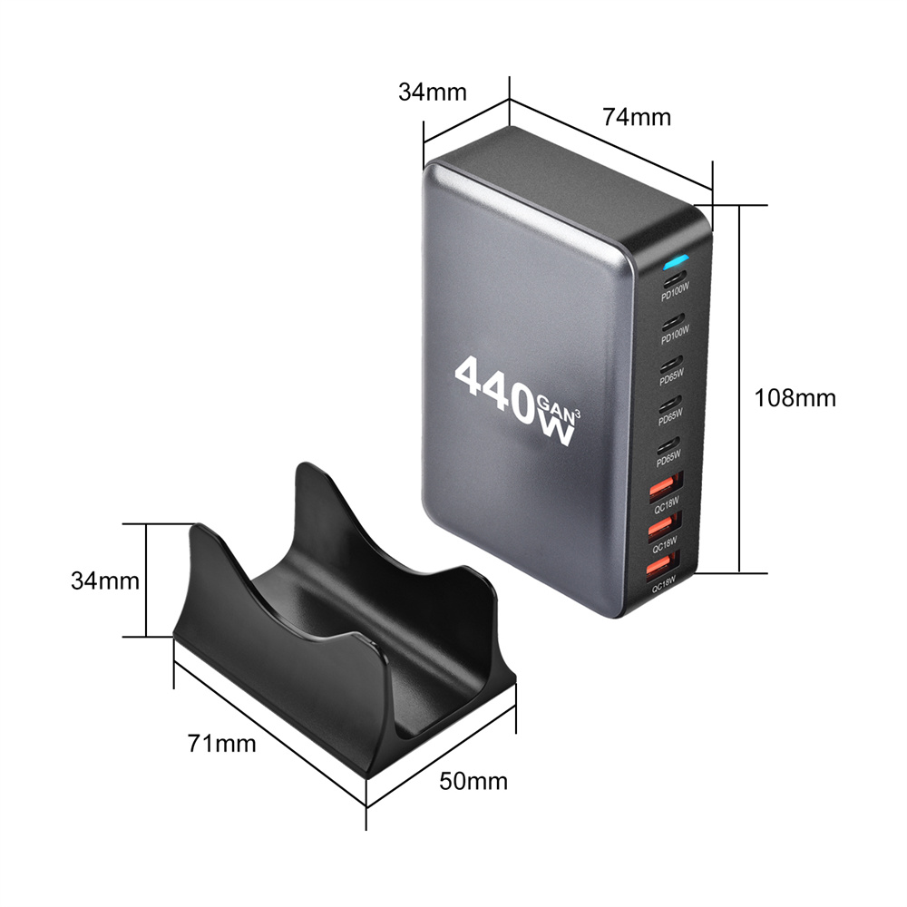 440W Gan Fast Charge 3.0 USB Type C snellader Mobiele 8-poorts 5C3A PD-oplader Handig om mee te nemen tabletoplader