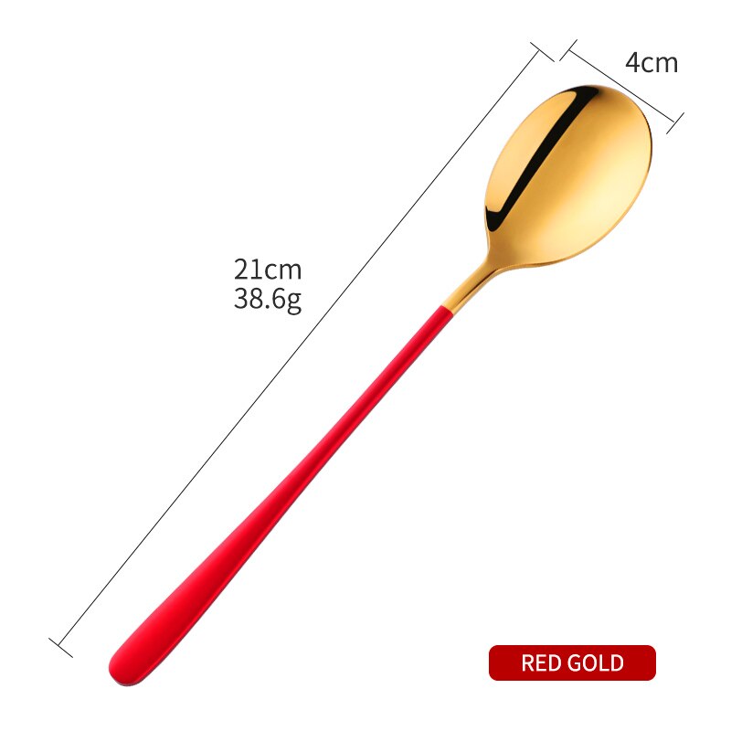 1PCS Korea Spoon Stainless Steel Soup Spoon Long Handle Gold Dessert Spoons Round Dinner Spoon Set Tableware Set: Red Gold