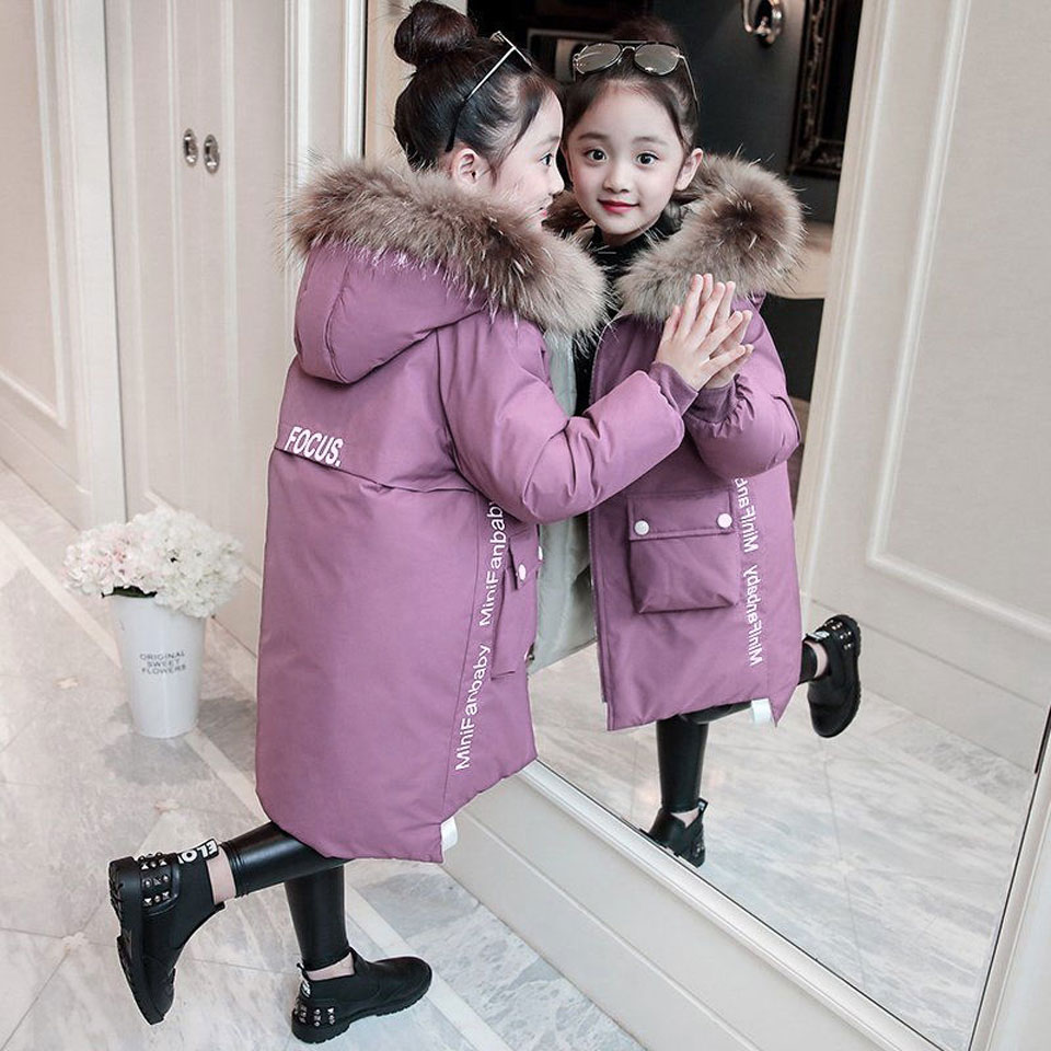 Kinderen Winter Beneden Katoenen Jas Meisje Kleding Kinderkleding Warme Dikke Parka Bontkraag Capuchon lange Jassen 4-12Y