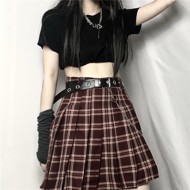 Dark Sweet Cool Girl-Falda plisada de cintura alta para mujer, falda escocesa con cadena, japonesa, coreana, verano,