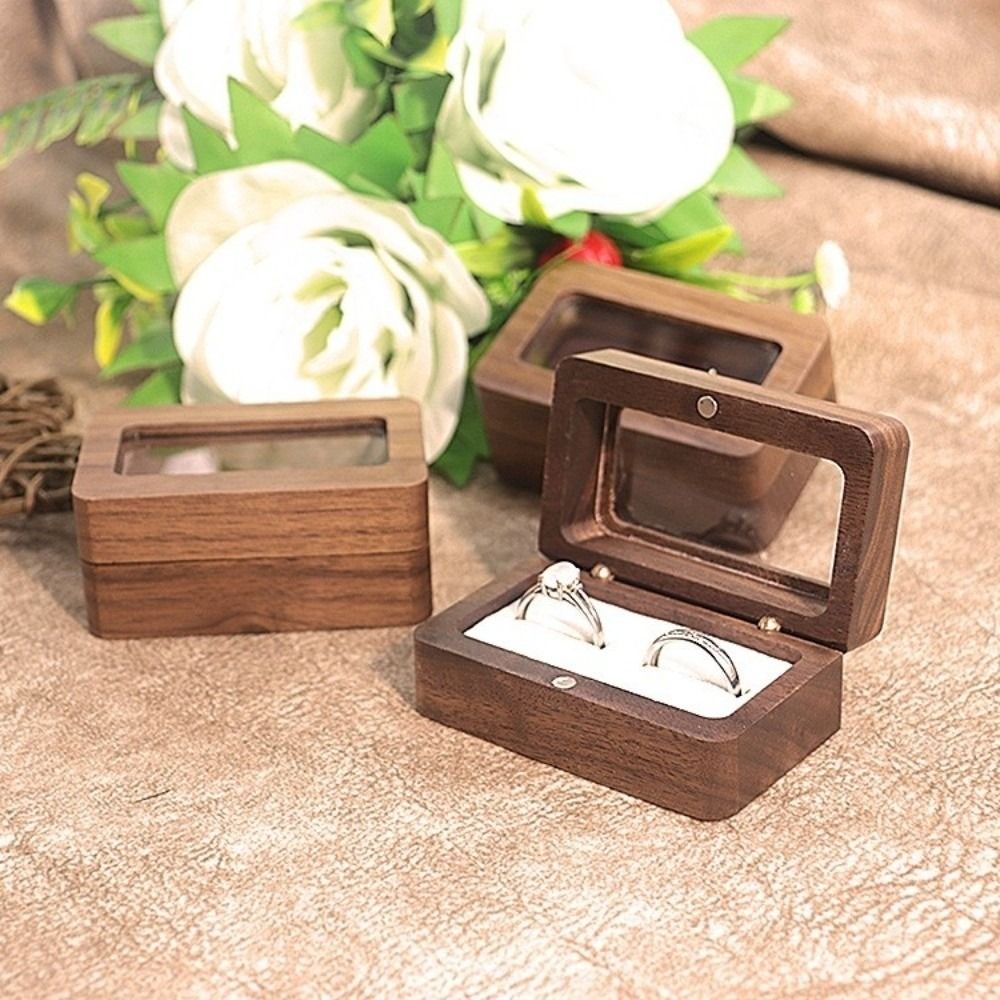 Caja de anillo de madera con doble ranura, ventana de apertura Rectangular, caja de gemelos de nogal negro, exquisito soporte para anillo de joyería a prueba de polvo