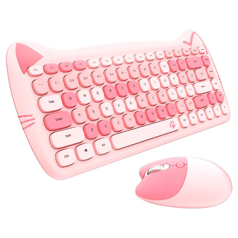 Cut Cat 2.4G Wireless Ergonomics Keyboard Set Mixed Candy Color Keycap Keyboard and Mouse Comb for Laptop Notebook PC Girls