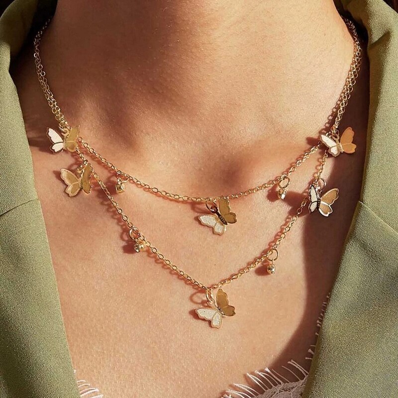 Cute Butterfly Pendant Necklaces For Women Gold Color Chain Collar Shine Choker Necklace Party Engagement Jewelry: Gold Double layer