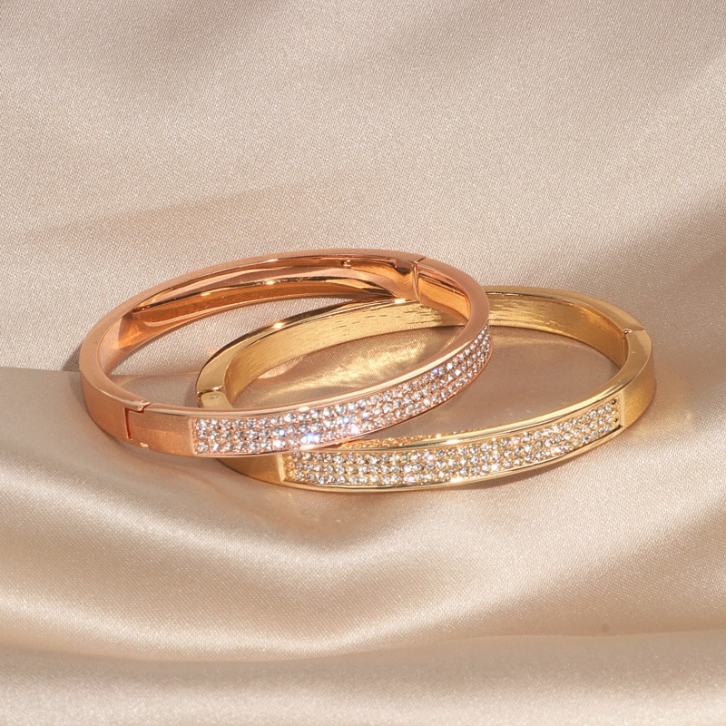 Classic Crystal Cuff Bangles Bracelets For Women Gold Color Simple Femal Opening Bangles Wedding Jewelry Accessories