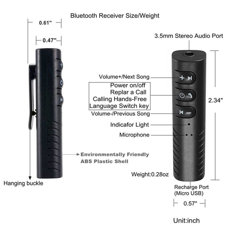 Draadloze bluetooth-ontvanger met 3.5mm aansluitingen, auto-audioadapter met microfoon voor hoofdtelefoon en luidspreker.