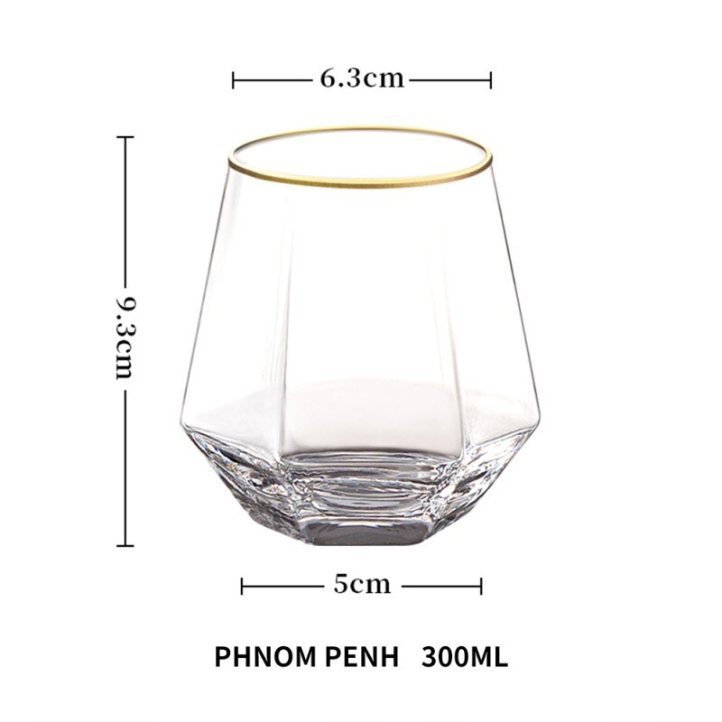 Vasos de vino de cristal creativos, vasos de Whisky dorados con borde de diamante, vasos de cristal hexagonales duraderos, juego de copas de vino