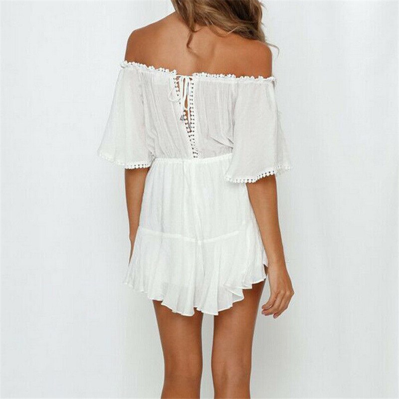 Mono bohemio para mujer, traje de retazos de encaje blanco, Bodycon de verano para , sin hombros, para playa y vacaciones,