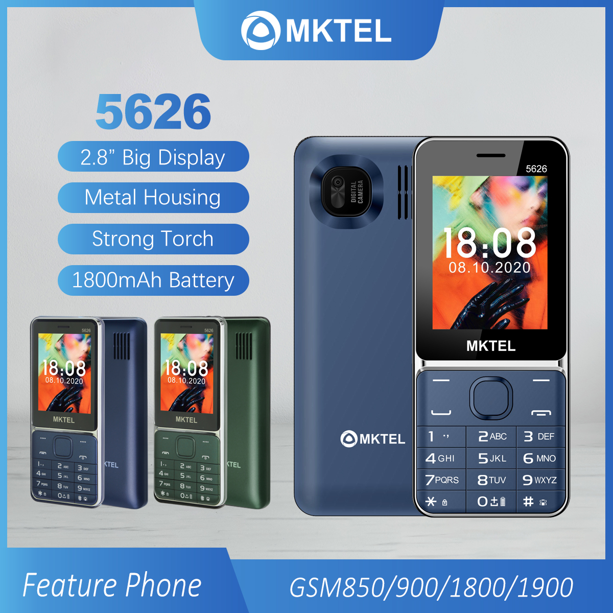 MKTEL 5626 Caratteristica Telefono Tripla Scheda Sim Display da 2,8" Batteria da 1800 mAh MP3/MP4/FM/Radio/Bluetooth/GPRS Telefono Senior