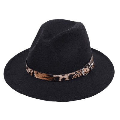 Newest Women Ladies Wool Felt Fedora Hat Leopard Print Wide Brim Wool Panama Casual Formal Party Winter Fedoras: black
