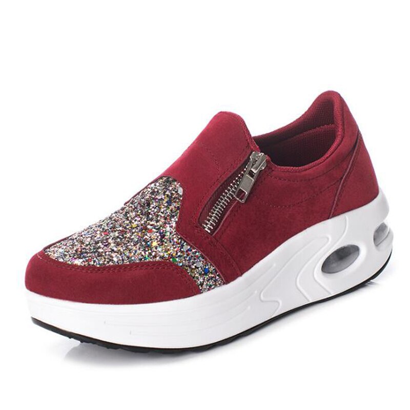 Dam kristall sneakers vår höst ledig dragkedja platta skor kvinnor halkfria ventilerande utomhus vukaniserade skor dragkedja platt sko: Röd / 5