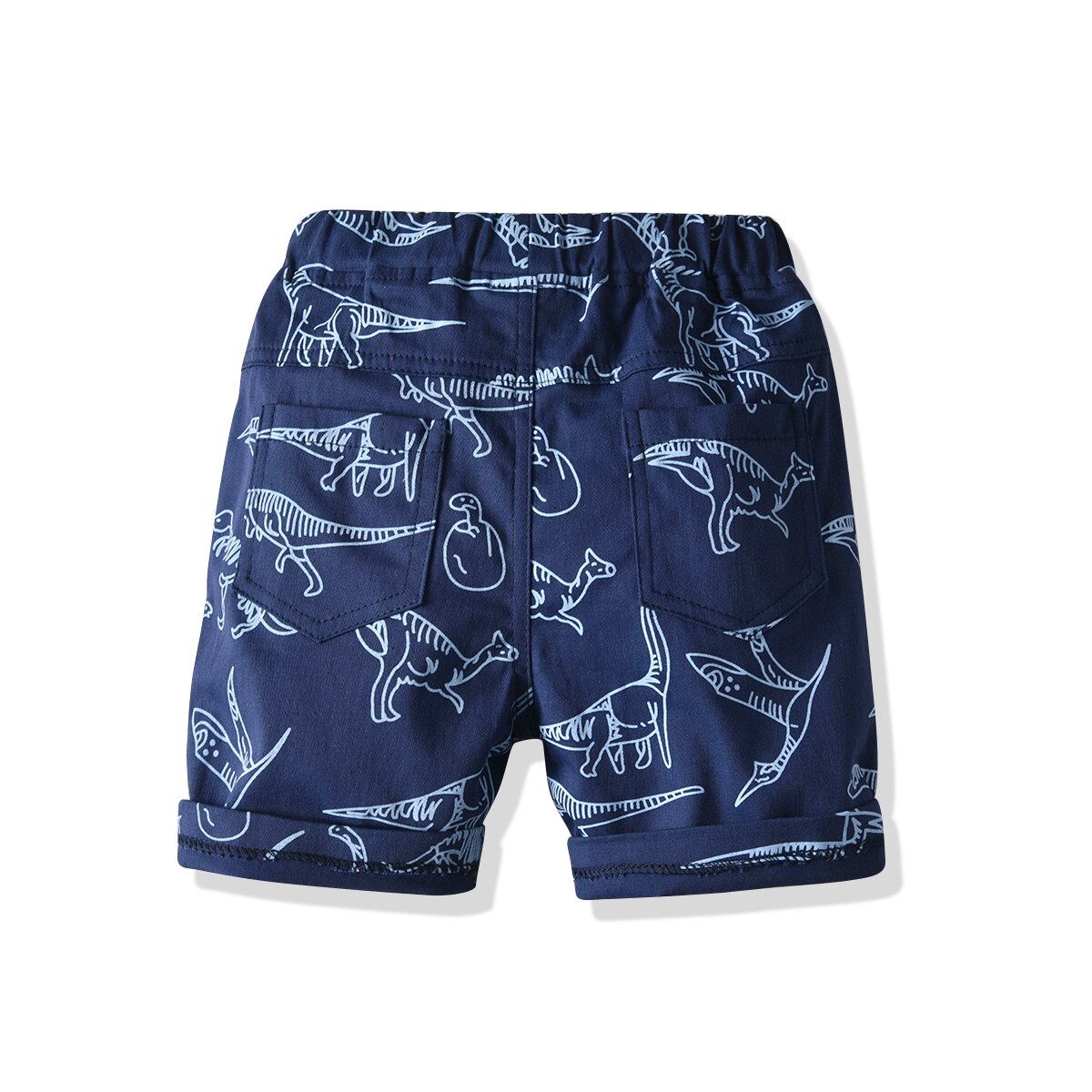 Babyhug Cotton Lycra Mid Thigh Length Shorts With Stretch Dino Print - Navy Blue