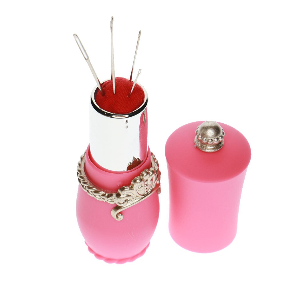 Lipstick Needles Pin Cushion Holder with 5pcs Sewing Needle Tools for Hand Needlework: Pink