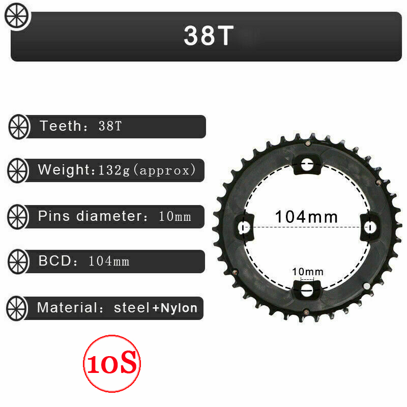 Plato de bicicleta 104BCD 64BCD 22/24/26/32/38/42/44T, plato de bicicleta de 9/10 velocidades para platos y bielas de doble/triple velocidad: 10S 104BCD-38T