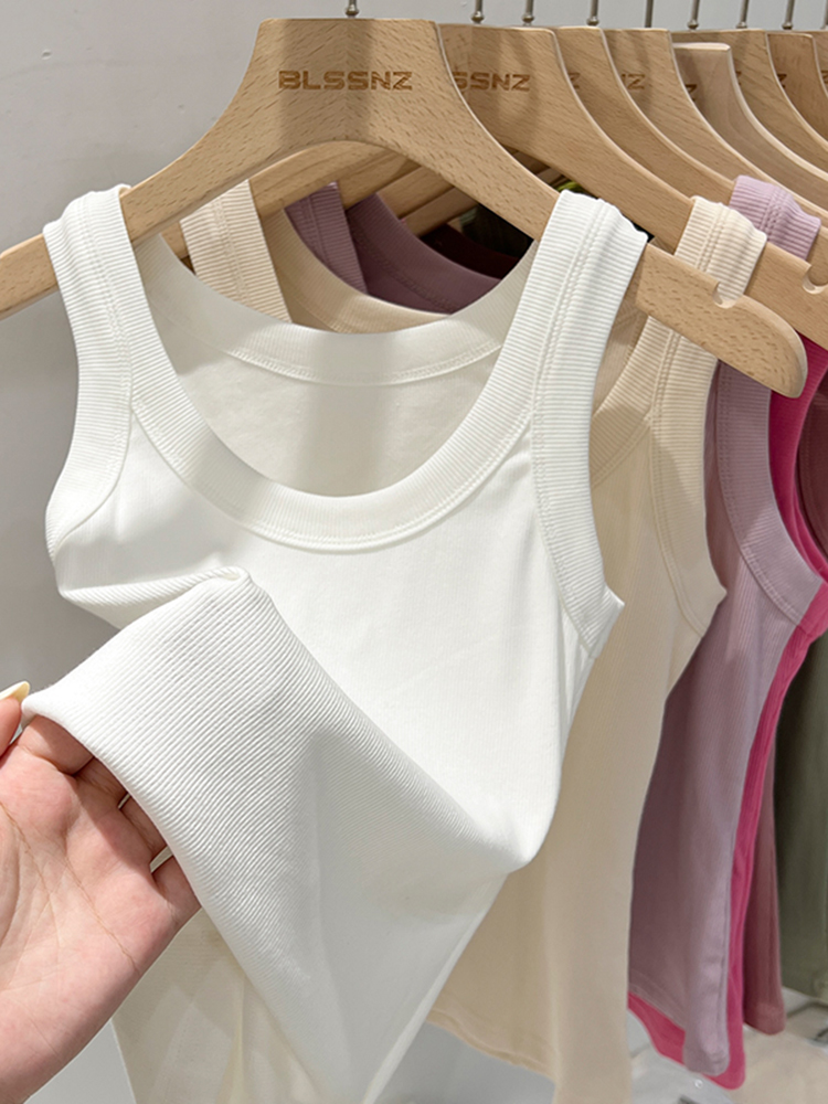 zjaiss Women Solid Round Neck Ribbed Tank Top Camisole Women Summer Basic Elastic Tank Top O Neck Solid Tank Top: M / WHITE