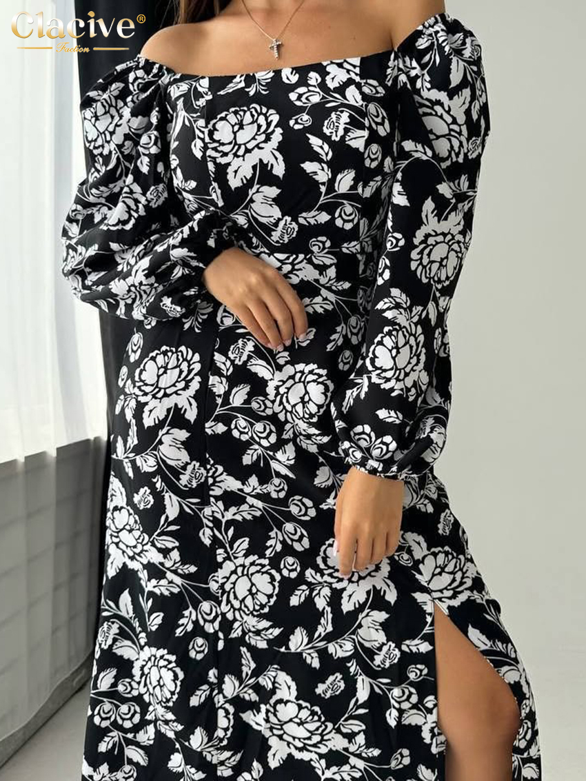 Clacive slim print damekjole bodycon firkantet krave lange ærmer midikjoler klassisk slids damekjole