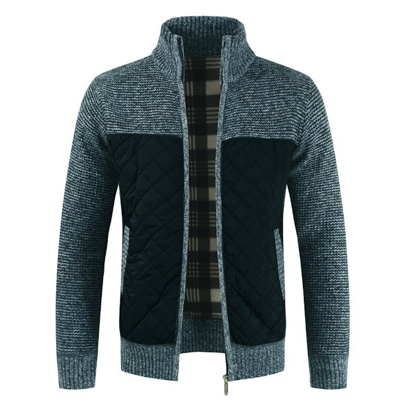 Fleecegenser for menn kåpe vinter tykk patchwork ull cardigan varm strikket genser jakker uformelle herreklær  xy108: Blå / L