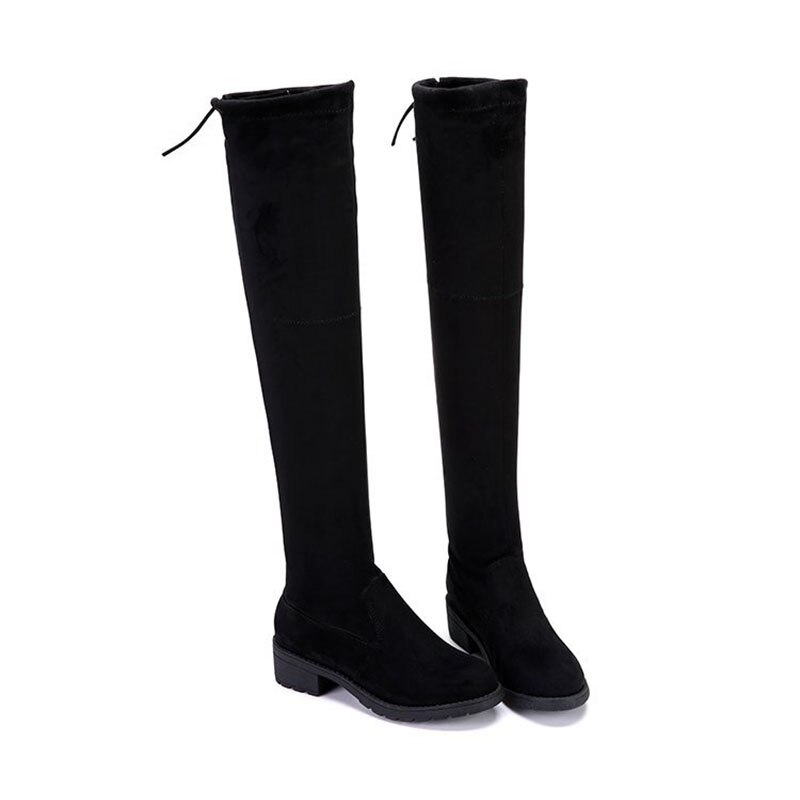 BORRUICE-Botas por encima de la rodilla para mujer, zapatos largos hasta el muslo elásticos, calzado cuadrado, zapatos de tacón plano, otoño e invierno,: 35
