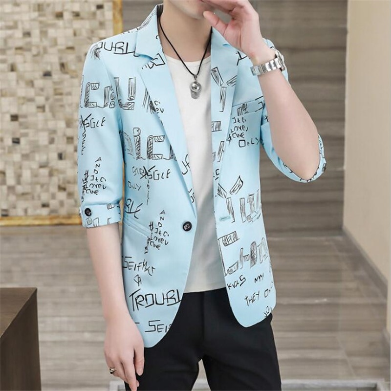 Beiläufige Klage der Männer Sommer Dünne Brief Druck Sozialen Sänger Bühne Mantel Koreanische Business Casual Nahen Sleeve Top