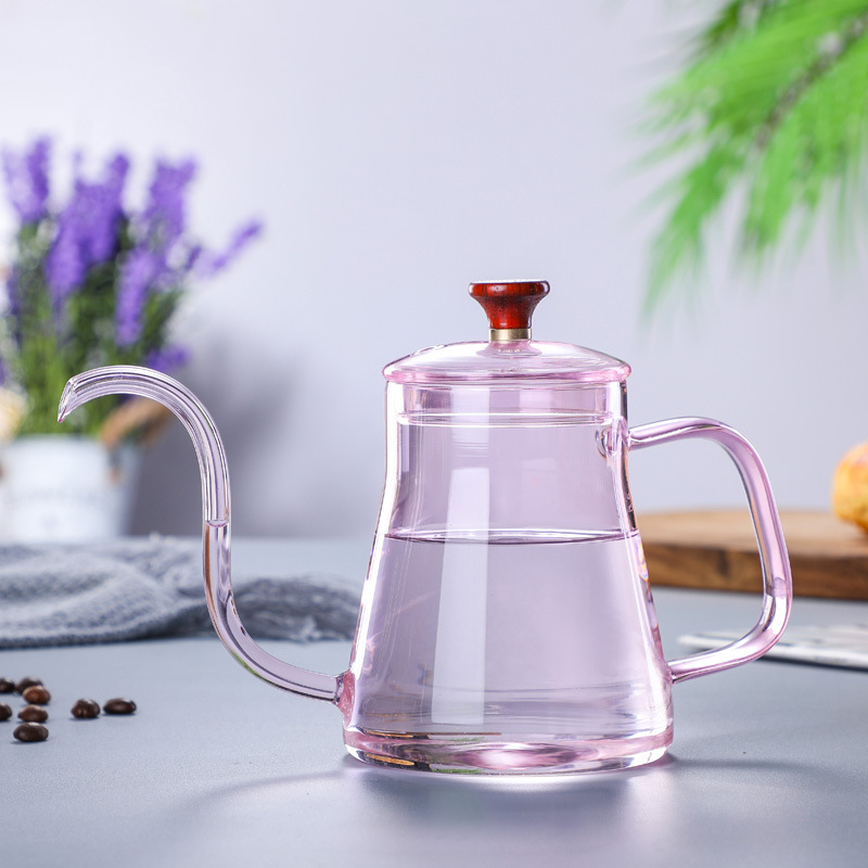 Hand-made Glass Gooseneck Hand Drip Coffee Pot Heat-resistant Glass Pour Over Coffee Tea Kettle Maker for Cafe Barista Gas Stove: 350ML pink