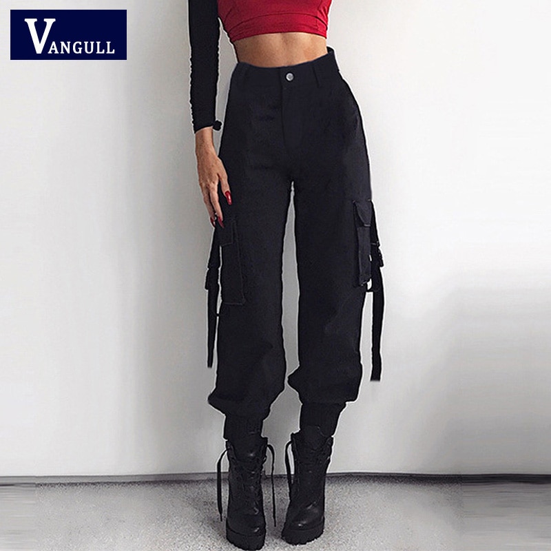 Vangull , ropa de calle de primavera, pantalones Cargo para mujer, Joggers casuales, pantalones negros de cintura alta, pantalones sueltos para mujer, pantalones Capri para mujer