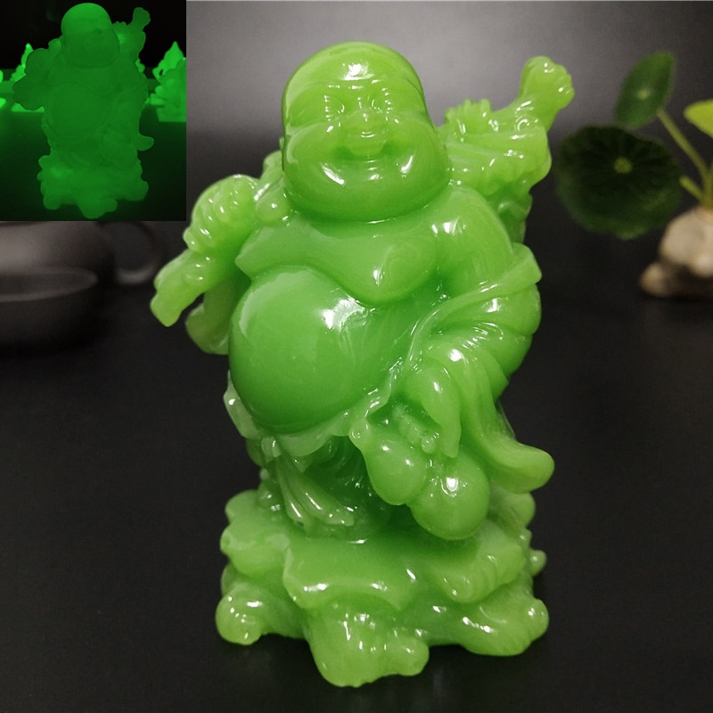 Glowing Laughing Buddha Statue Man-made Jade Stone Maitreya Buddha Sculptures Figurines Luminous Home Garden Decoration Statues