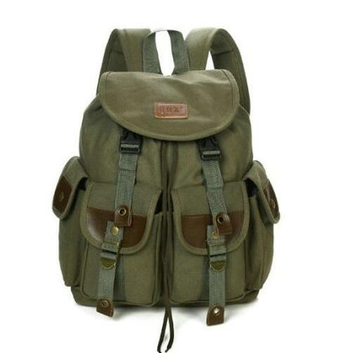 X-Online 032717 canvas travel backpack student school bag: Army Green