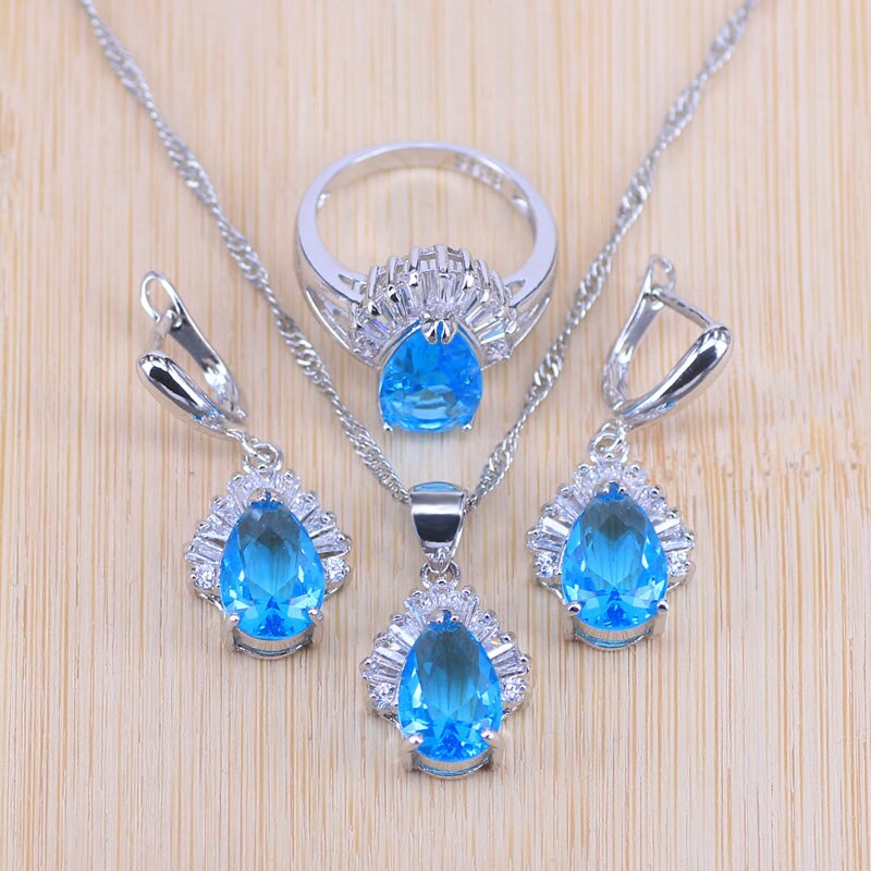 Risenj beaucoup de couleurs goutte d'eau carré blanc cubique zicon couleur argent bijoux boucles d'oreilles anneau collier ensemble pour les femmes: sky blue / 7