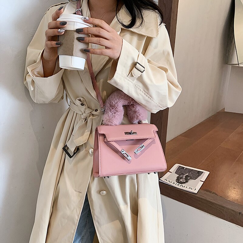 Faux Bont Handvat Kleine Pu Lederen Crossbody Tassen Voor Vrouwen Winter Trending Schouder Handtassen Vrouwen Eenvoudige Handtas