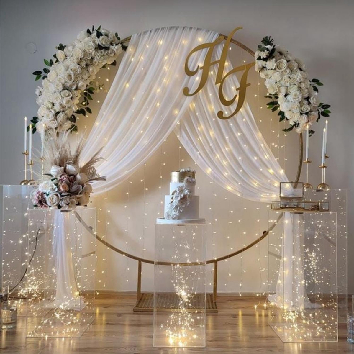 Cortinas de fondo blancas de 3x2,15 M con luces para , arco de boda, fondo fotográfico sin arrugas, decoración para de bienvenida de bebé y cumpleaños