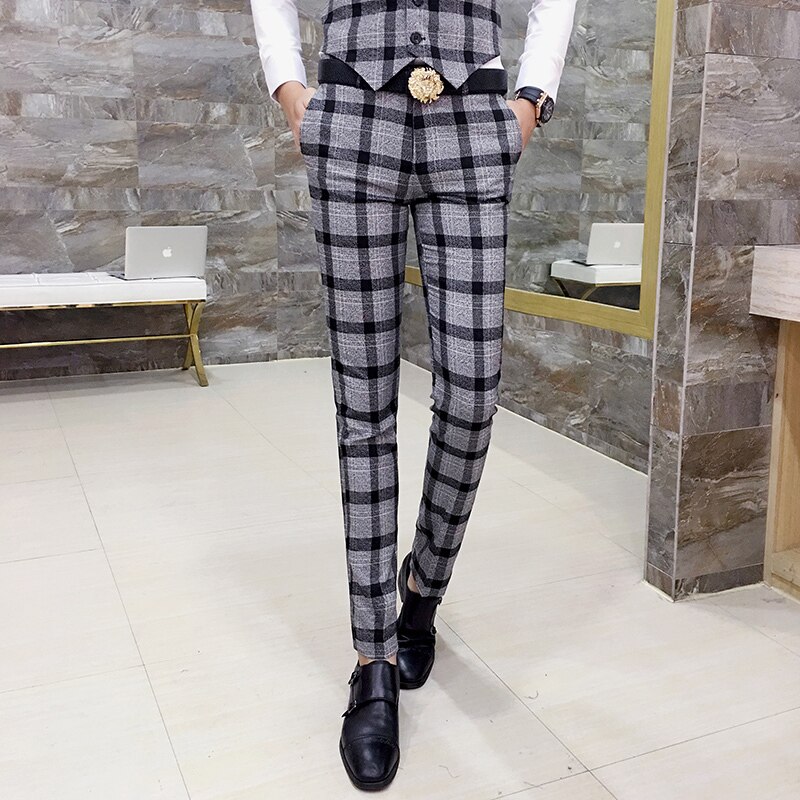 Herre ternede bukser slim fit mænd kontorbukser mænd formelle bukser plaid pantaloni uomo afslappet mænd kjole jakkesæt bukser pantalon homme